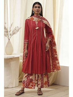 Biba - Women Rust Cotton Kalidar Kurta with Palazzo & Dupatta (Set of 3)