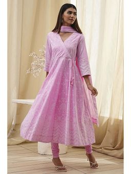 Biba - Women Pink Cotton Anarkali with Churidar & Dupatta (Set of 3)