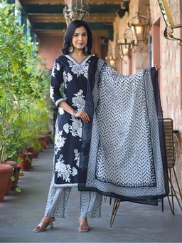 Varanga - Bold Floral V Neck Printed Kurta with Pant & Dupatta (Set of 3)