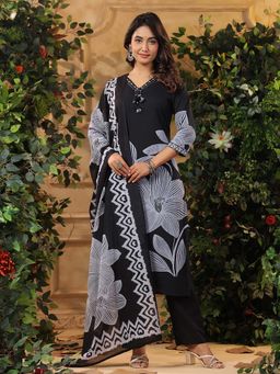 Varanga - Bold Floral Printed V Neck Embroidered Black Kurta with Pant & Dupatta (Set of 3)