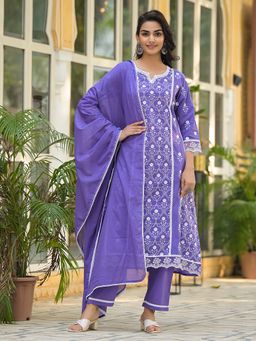 Varanga - Jall Thread Embroidered Chikankari Purple Kurta with Pant & Dupatta (Set of 3)