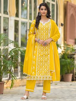Varanga - Jall Thread Embroidered Chikankari Yellow Kurta with Pant & Dupatta (Set of 3)