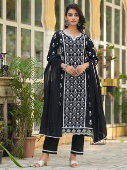 Varanga - Jall All Over Thread Embroidered Chikankari Black Kurta with Pant & Dupatta (Set of 3)