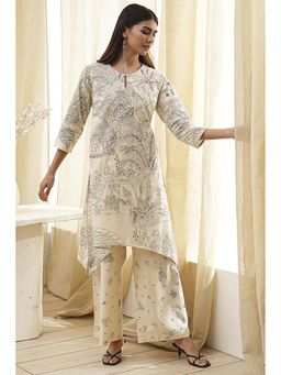 Biba - Women Off White Cotton Straight Printed Kurta with Palazzo (Set of 2)