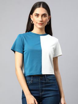 Xpose - Women White Colourblocked Round Neck Crop T-shirt