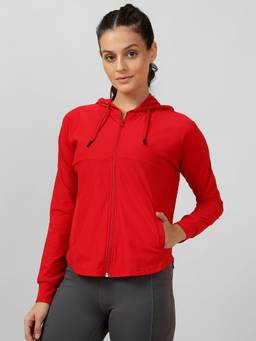 Fitkin - Women Red Zip-Up Stretchable Gym and Activewear Hoodie