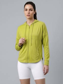 Fitkin - Women Green Zip-Up Stretchable Gym and Activewear Hoodie