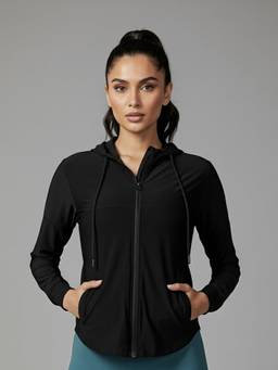 Fitkin - Women Black Zip-Up Stretchable Gym and Activewear Hoodie
