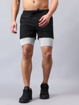 Fitkin - Men Double Layer Black Shorts