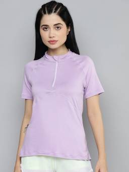 Fitkin - Women Lavender Solid Front Zipper High Neck T-shirt