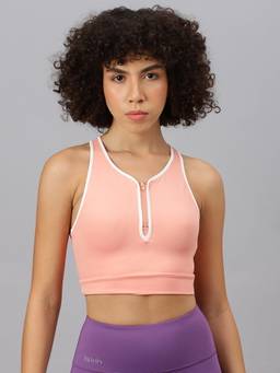 Fitkin - Women Peach Front Zipper Crop Tank Top