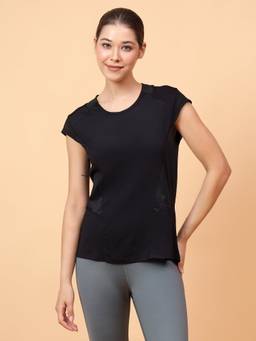 Fitkin - Women Black Solid Training Top with Side Mesh Panels and Breathable Back Detail