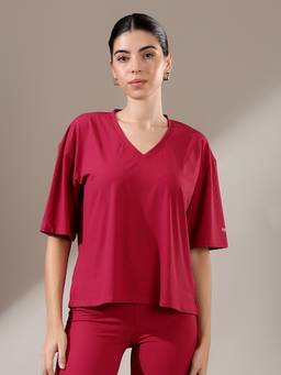 Fitkin - Women Luxe Berry Ribbed V-Neck Relaxed Fit Top with Soft Stretch and Everyday Comfort