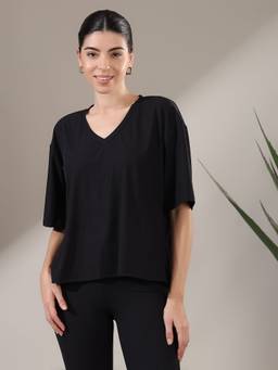 Fitkin - Women Luxe Black Ribbed V-Neck Relaxed Fit Top with Soft Stretch and Everyday Comfort