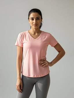Fitkin - Women Pink V-Neck Short Sleeve T-Shirt
