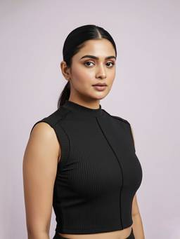 Fitkin - Women Luxe Black Ribbed Sleeveless Crop Top