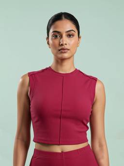 Fitkin - Women Luxe Maroon Ribbed Sleeveless Crop Top