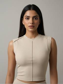 Fitkin - Women Luxe Beige Ribbed Sleeveless Crop Top