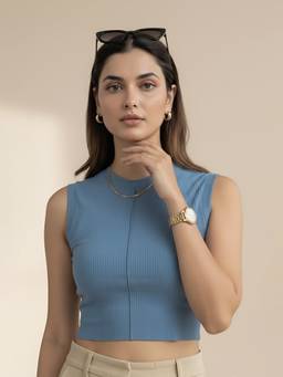 Fitkin - Women Luxe Blue Ribbed Sleeveless Crop Top