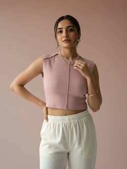 Fitkin - Women Luxe Pink Ribbed Sleeveless Crop Top