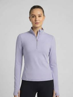 Fitkin - Women Lavender Grey Half Zip Full Sleeve Sports T-Shirt