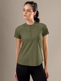 Fitkin - Women Olive Half Zip Sports with Back Mesh Panel T-Shirt