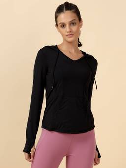 Fitkin - Women Black Hooded Active T-Shirt