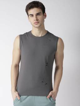 Fitkin - Men Grey Solid Crew Neck T-Shirt