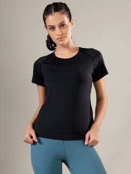 Fitkin - Women Black Solid Training Top with Back Mesh Panels and Breathable Back Detail