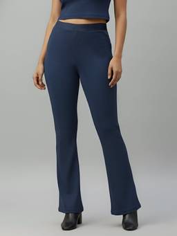 Fitkin - Women Blue Ribbed High-Waist Wide Track Pant