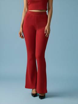 Fitkin - Women Red Ribbed High-Waist Wide Track Pant