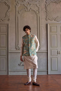 KALISTA - Zivansh Floral Printed Green Kurta with Churidar and Nehru Jacket