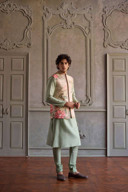 KALISTA - Ronak Floral Printed Green Kurta with Churidar and Nehru Jacket