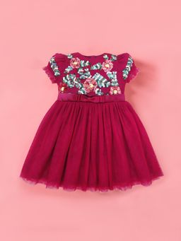 CHERRY CRUMBLE BY NITT HYMAN - Magenta Solid Party Wear Girls Summer Dress