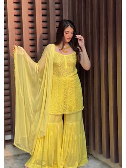 Label Aishwaryrika - Yellow Rose Chikankari Lace Kurta with Sharara and Dupatta (Set of 3)