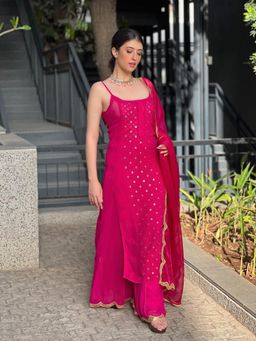 Label Aishwaryrika - Rani Pink Ring Work Chikankari Kurta with Palazzo and Dupatta (Set of 3)