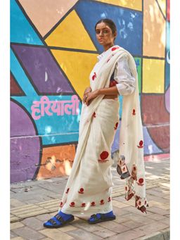PRATHAA - Ivory Bindi Saree with Unstitched Blouse - Linen