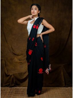 PRATHAA - Black Bindi Saree with Unstitched Blouse - Linen