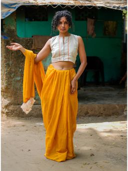 PRATHAA - Marigold Mustard Handloom Cotton Linen Saree with Unstitched Blouse
