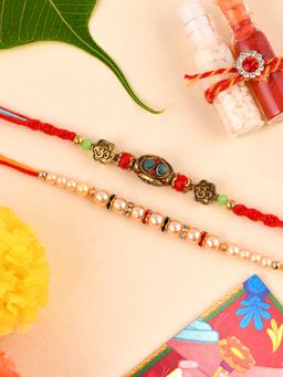 Shoshaa - Om Pearl Beaded Bhai Rakhi with Roli & Chawal (Set of 5)