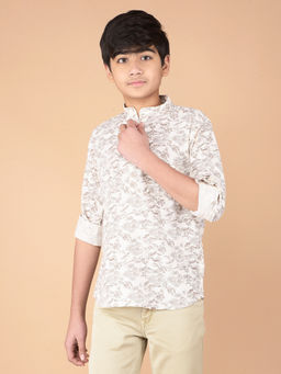 CRIMSOUNE CLUB - Boy Beige Leaf Print Linen Kurta