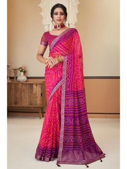 Mysilklove - Hibiscus Pink Chiffon Bandhani Saree without Blouse