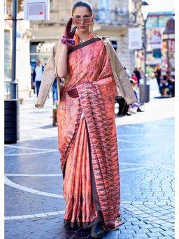 Mysilklove - Georgia Peach Digital Printed Satin Silk Saree without Blouse
