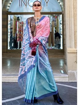 Mysilklove - Middle Blue And Pink Digital Printed Satin Silk Saree without Blouse