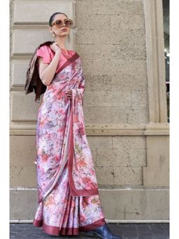 Mysilklove - Pink Peral Digital Printed Satin Silk Saree without Blouse