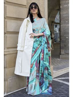 Mysilklove - Seafoam Green Digital Printed Satin Silk Saree without Blouse