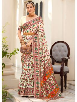 Mysilklove - Powder Cream Handloom Printed Kashmiri Jamewar Silk Saree without Blouse