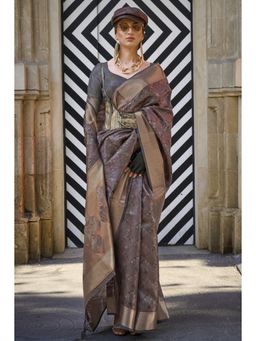 Mysilklove - Hurricane Grey And Brown Handloom Organza Saree without Blouse