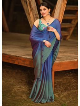 Mysilklove - Indigo Blue And Green Chiffon Saree without Blouse