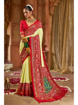 Mysilklove - Calico Yellow Embroidery Chikankari Patola Handloom Saree without Blouse